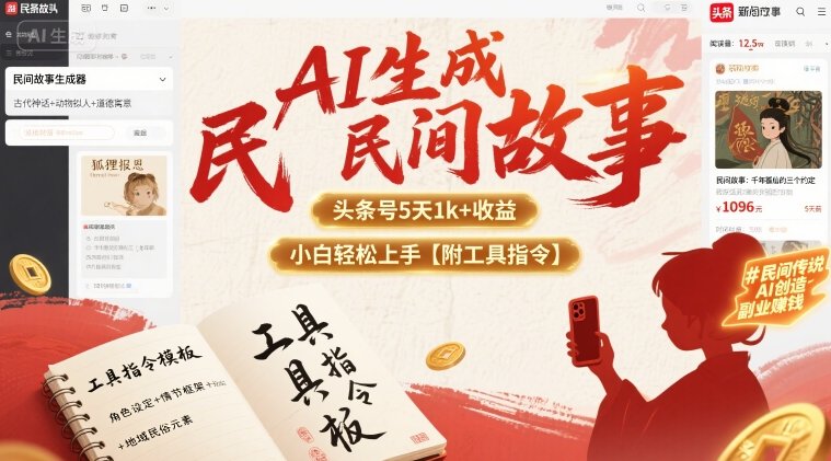 AI生成民间故事，头条号5天1k+小白轻松上手【附工具指令】_在线视频课程下载-51分享网
