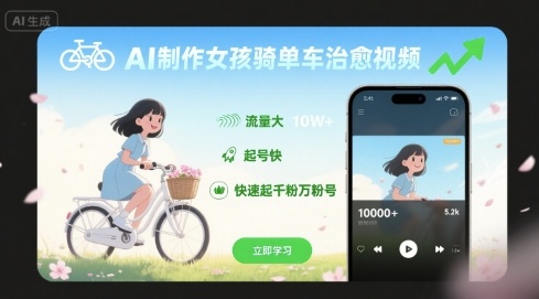 AI制作女孩骑单车治愈视频，流量大，起号快，快速起千粉万粉号_在线视频课程下载-51分享网