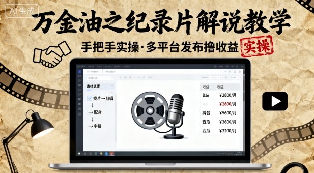 万金油之纪录片解说教学，手把手教你，完全实操，多平台发布撸收益_在线视频课程下载-51分享网